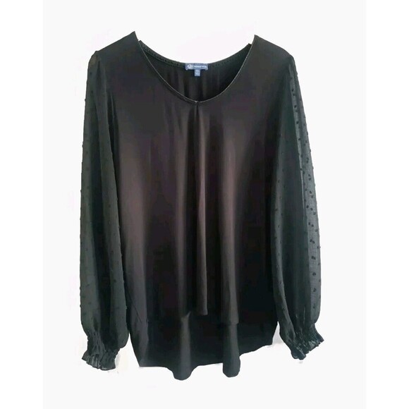 Democracy Blouse Women's XL Black Swiss Dot Sheer Sleeve High-low Hem - Picture 1 of 9